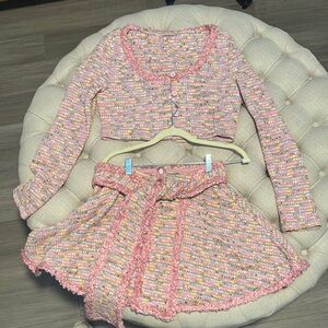 Chic Pink Tweed Crop Top and Skirt Set